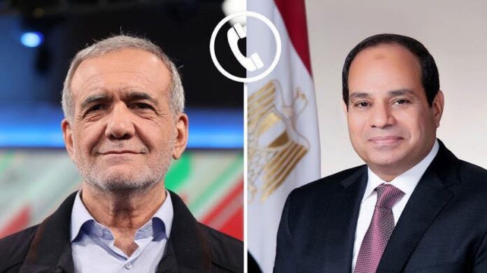 السيسي وبزشكيان تلقى الرئيس المصري، عبد الفتاح السيسي، اتصالاً هاتفياً من الرئيس الإيراني، مسعود بزشكيان.